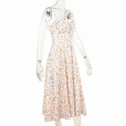 Floral Bustier Lace-Up Cami Strap Flared Midi Dress