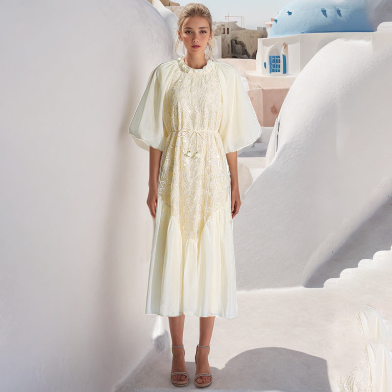 Ruffle Collar Puff Sleeve Lace Sequin Embroidered Drawstring Waist Midi Dress