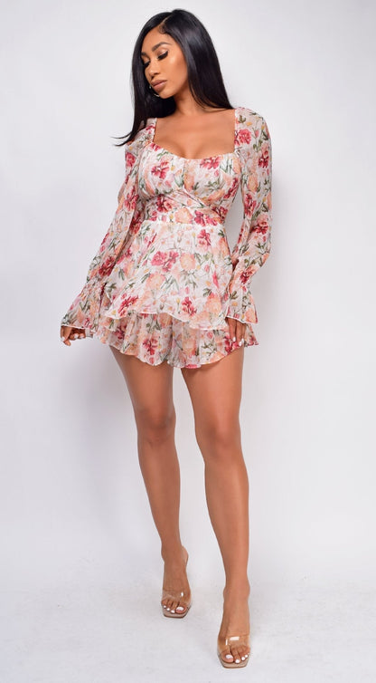 Sweetheart Twisted Bust Balloon Sleeve Wrap Waist Tiered Ruffle Mini Dress
