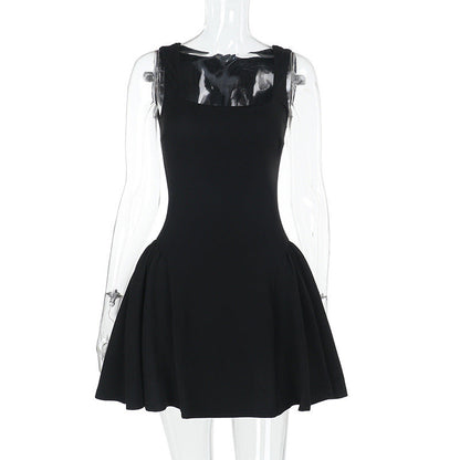 Square Neck Structured Tulip Pleat Bubble Hem Mini Dress