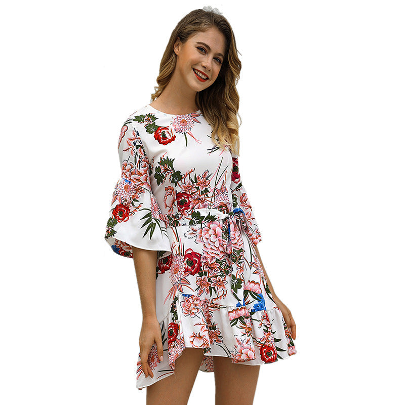 Crew Neck Bell Sleeve Tie Waist Ruffled Asymmetric Hem Mini Dress