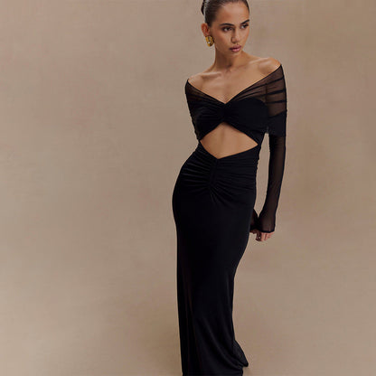 Off Shoulder Mesh Sleeve Diamond Cutout Ruched Column Maxi Gown