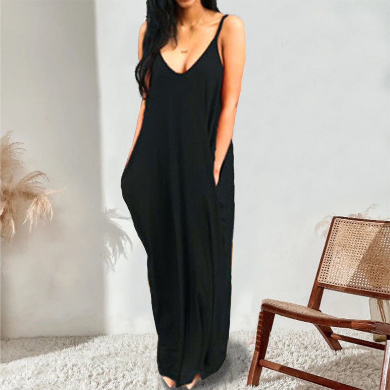 Deep V Spaghetti Strap Pocket Relaxed Column Maxi Dress