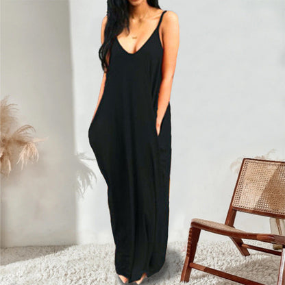 Deep V Spaghetti Strap Pocket Relaxed Column Maxi Dress