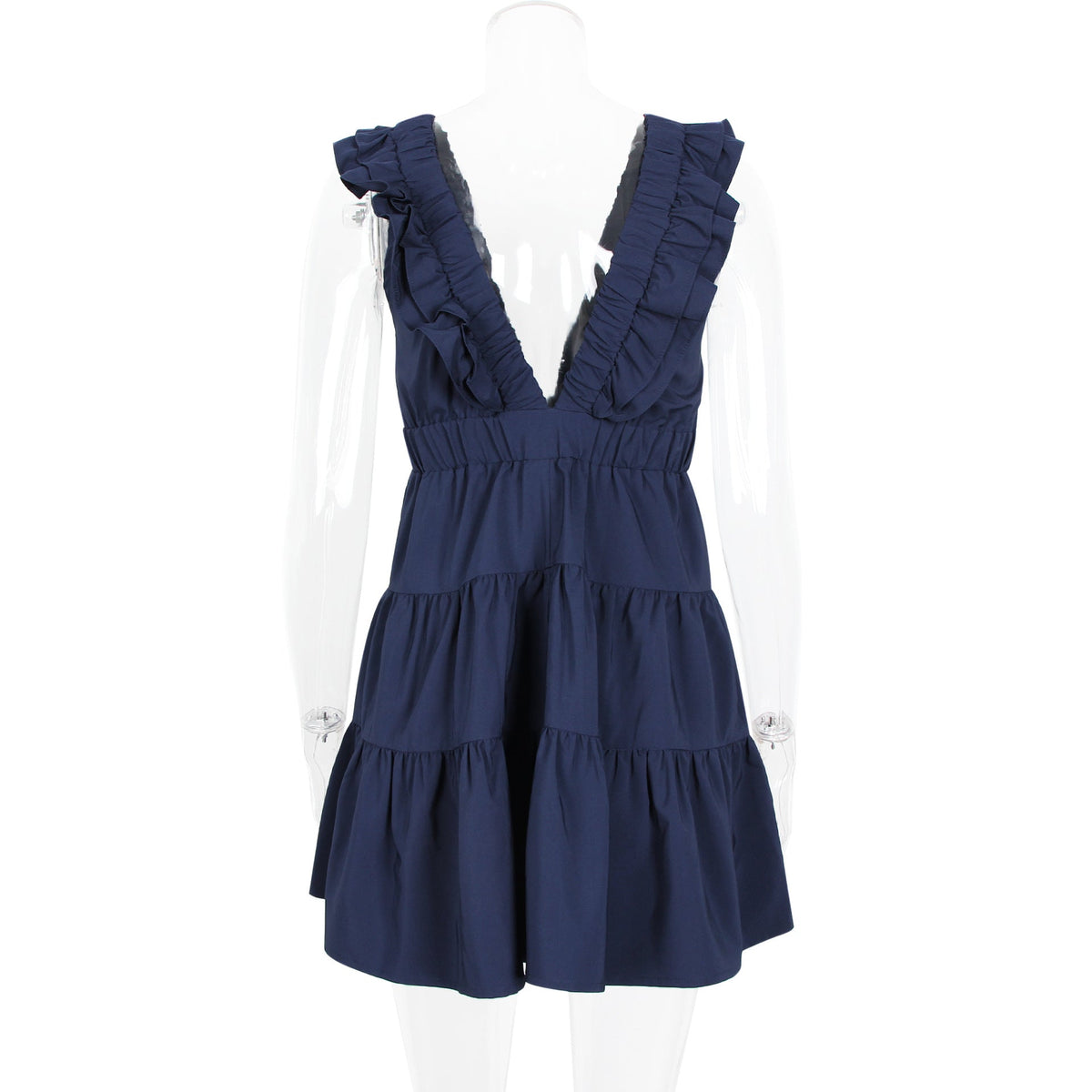 Deep V Ruffle Shoulder Shirred Waist Tiered Mini Dress