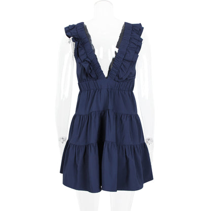 Deep V Ruffle Shoulder Shirred Waist Tiered Mini Dress