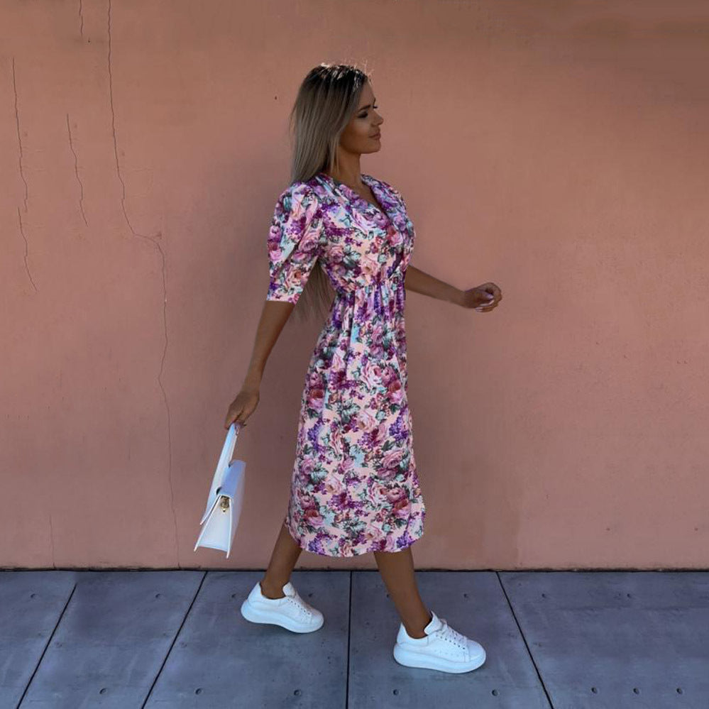 Floral Wrap V-Neck Puff Sleeve Side Slit Midi Dress
