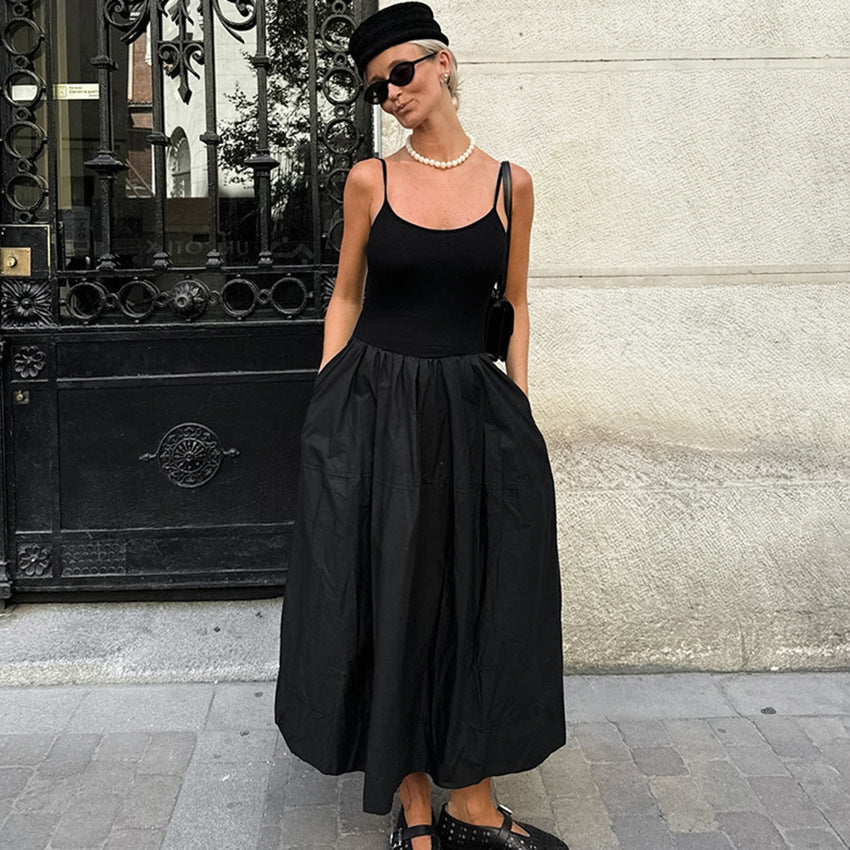 Scoop Spaghetti Strap Drop Waist Pleated Poplin Skirt Maxi Dress