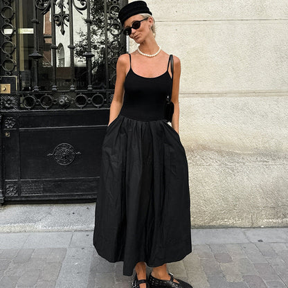 Scoop Spaghetti Strap Drop Waist Pleated Poplin Skirt Maxi Dress