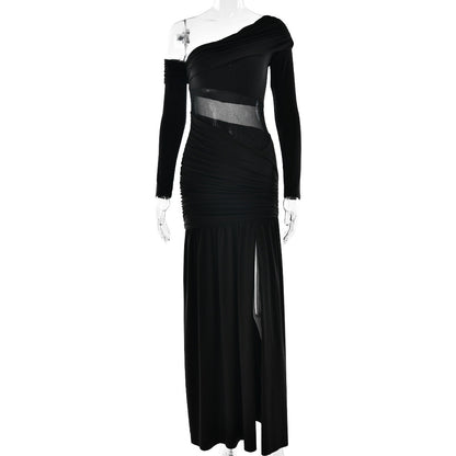 One Shoulder Asymmetric Ruching Mesh Midriff High Slit Maxi Gown