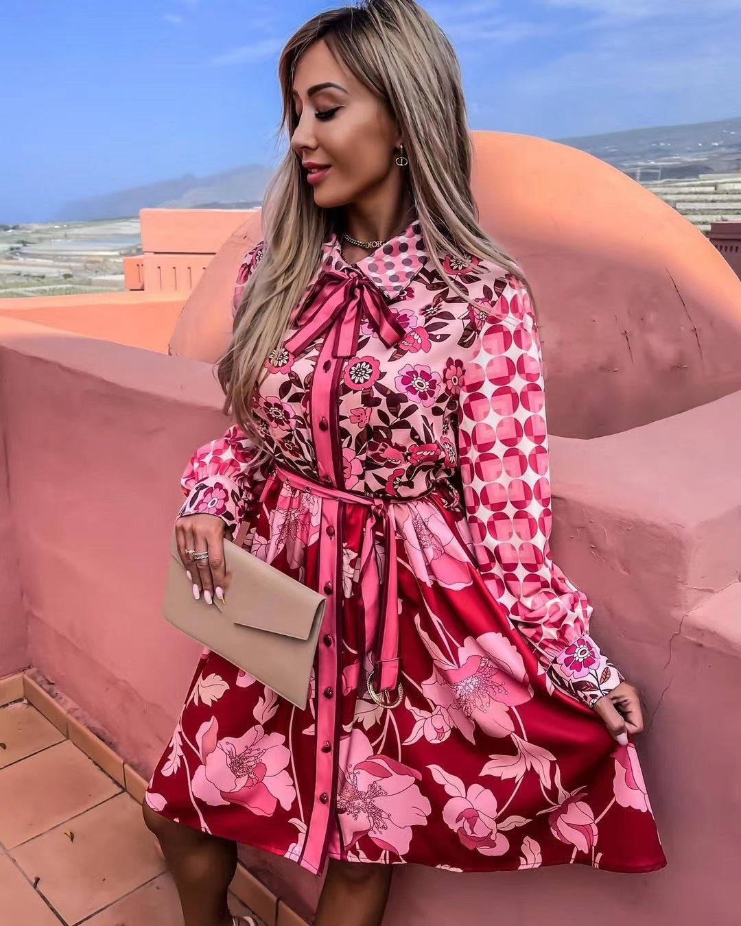 Mixed Print Satin Button Down Shirt Dress