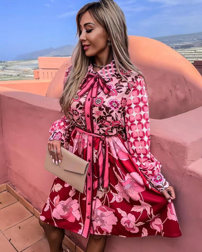 Mixed Print Satin Button Down Shirt Dress