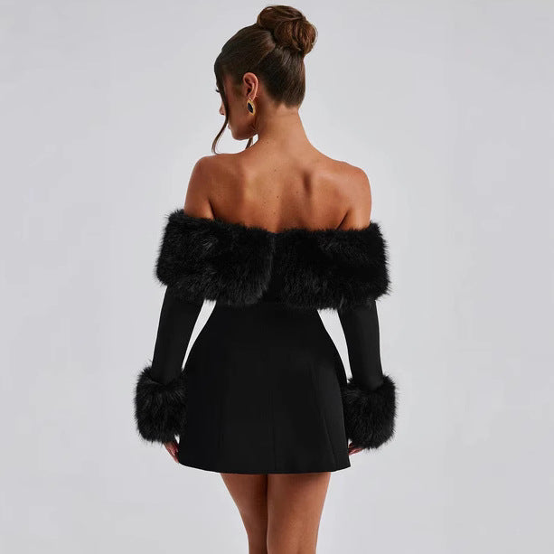 Off Shoulder Bardot Long Sleeve Faux Fur Cuff Bodycon Mini Dress