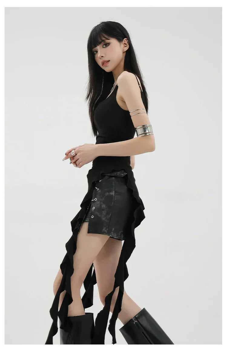 Black Asymmetric Ribbon Strap Tank Top With Ruffle Edge Design