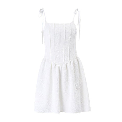 Jacquard Corset Tie Shoulder Dropped Waist Flare Mini Dress