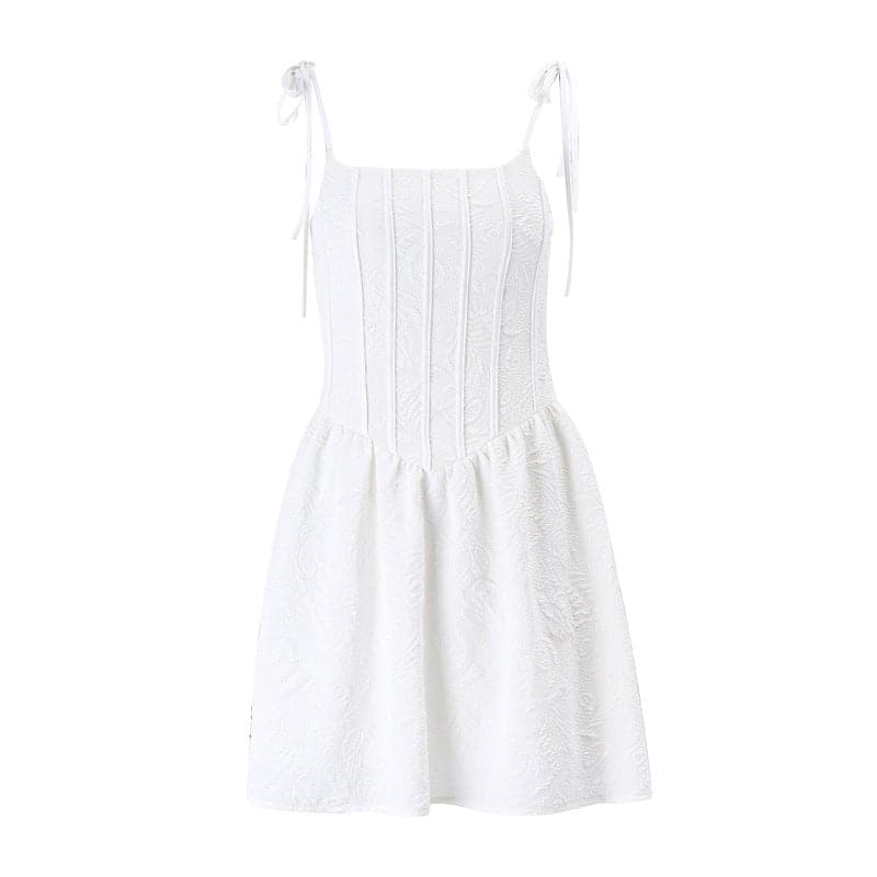 Jacquard Corset Tie Shoulder Dropped Waist Flare Mini Dress