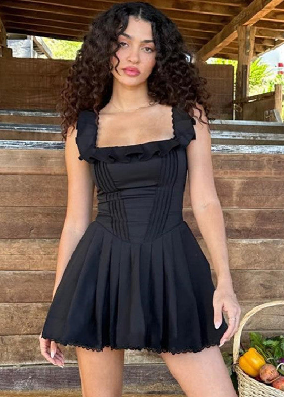 Square Neck Ruffle Trim Corset Seam Pleated Mini Dress