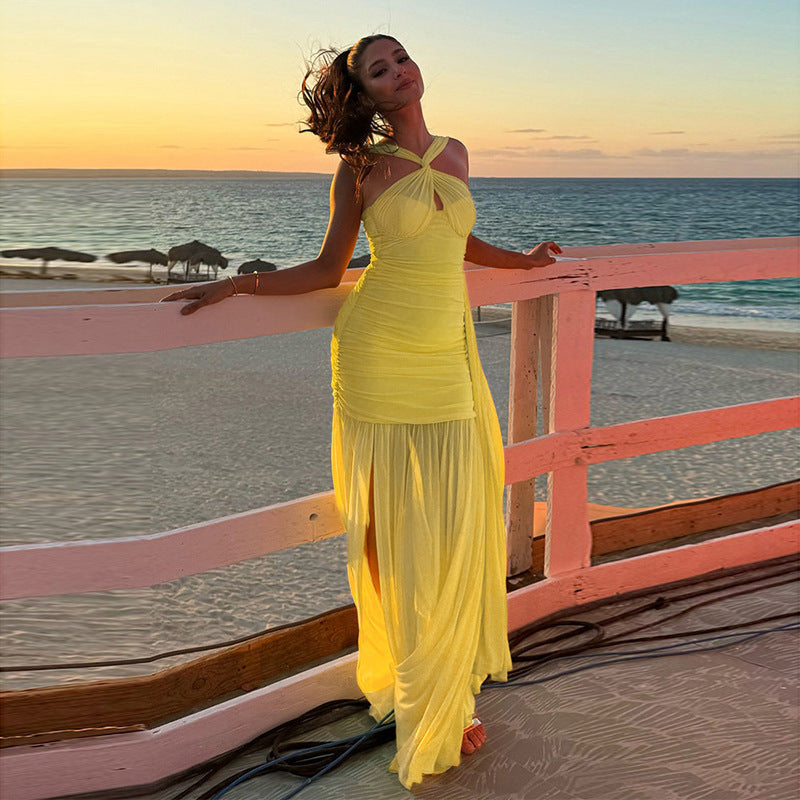 Halter Keyhole Ruched Bustier Mesh Skirt Column Maxi Gown
