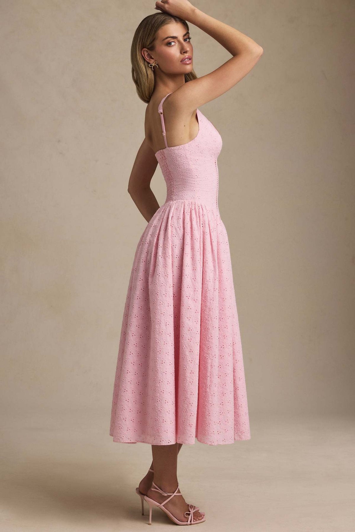 Eyelet Lace Deep V Bow Front Corset Bodice Full Skirt Midi Dress
