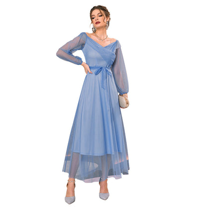 V-Neck High Waist Mesh Layered Midi Dress