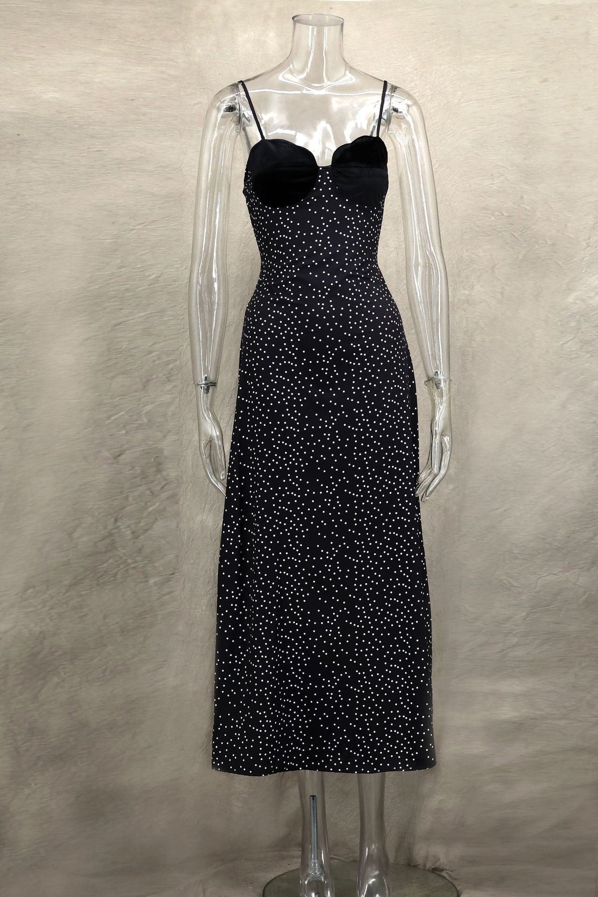 Sweetheart Scallop Velvet Bust Polka Dot Spaghetti Strap Midi Dress