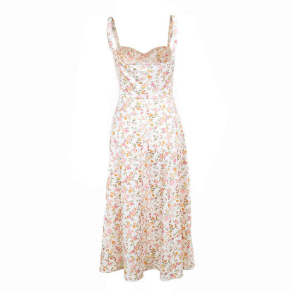 Floral Bustier Lace-Up Cami Strap Flared Midi Dress