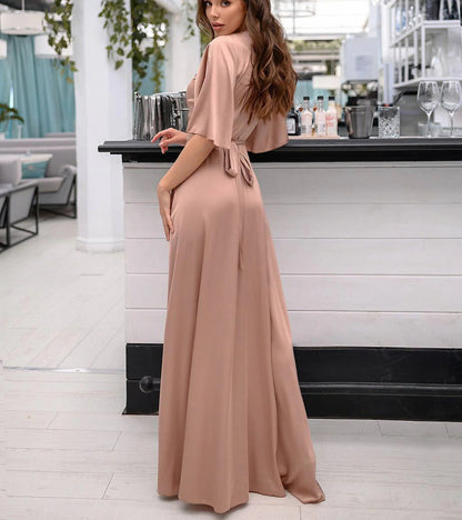 Deep V Surplice Flutter Sleeve Wrap Front High Slit Satin Maxi Dress