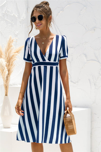 Surplice V Neck Short Sleeve Vertical Stripe Midi Dress