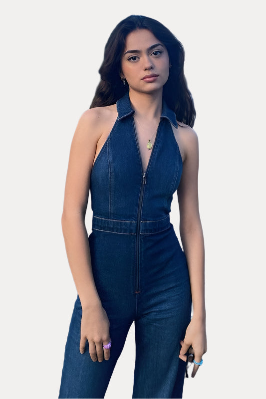 retro style slim denim jumpsuit