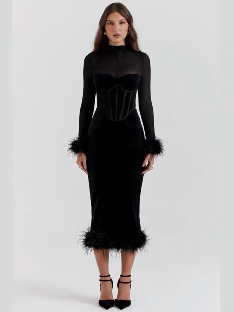 Mock Neck Mesh Corset Feather Trim Velvet Midi Dress
