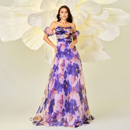 Sweetheart Off Shoulder Puff Sleeve Belted Floral Print A Line Maxi Dress