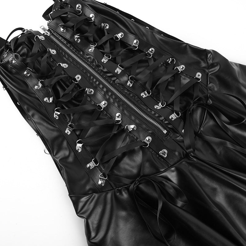 Faux Leather Sweetheart Zip Front Lace Up Side Pleated Mini Dress