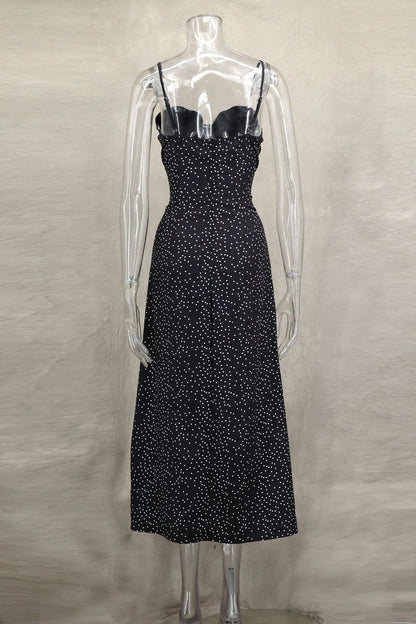Spaghetti Strap Scalloped Velvet Bust Polka Dot Bodycon Maxi Dress