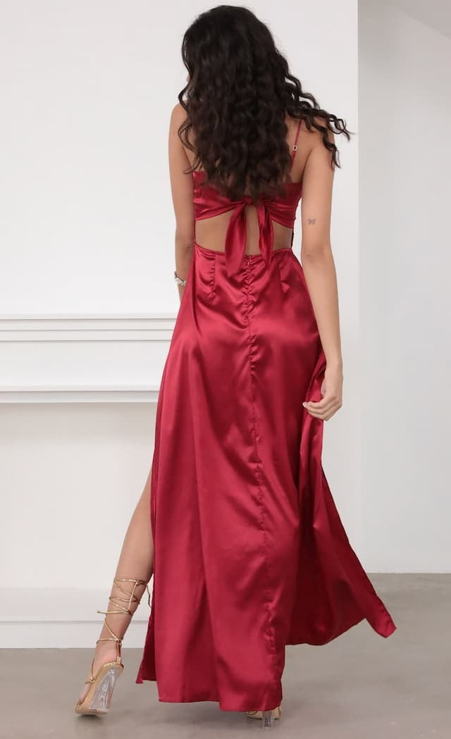 Square Neck Spaghetti Strap Satin Thigh Slit Column Maxi Gown