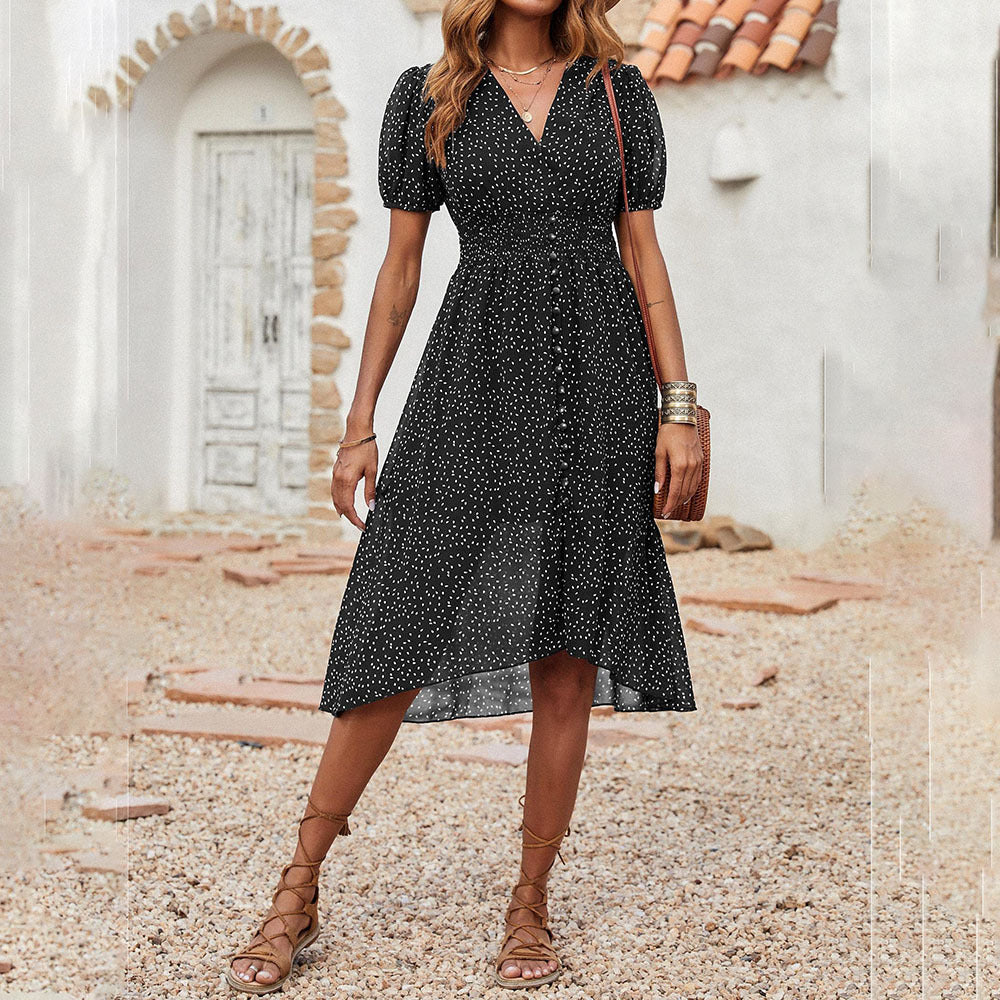 Deep V Neck Puff Sleeve Smocked Waist Button Front High Low Midi Dress