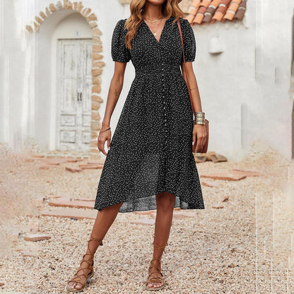 Deep V Neck Puff Sleeve Smocked Waist Button Front High Low Midi Dress