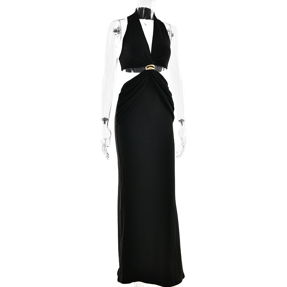 Halter Plunging V-Neck Side Waist Cutout Ring Detail Bodycon Maxi Dress