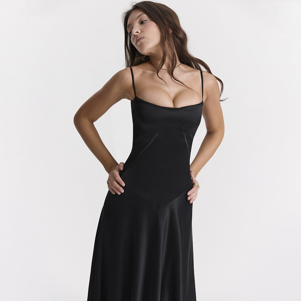 Square Neck Corset Bodice Pintuck Lace Up Back Satin Slip Maxi Dress