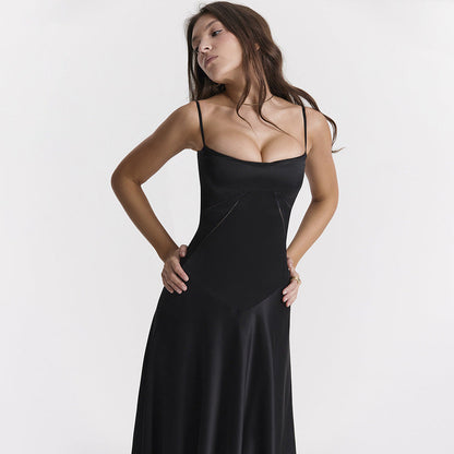 Square Neck Corset Bodice Pintuck Lace Up Back Satin Slip Maxi Dress