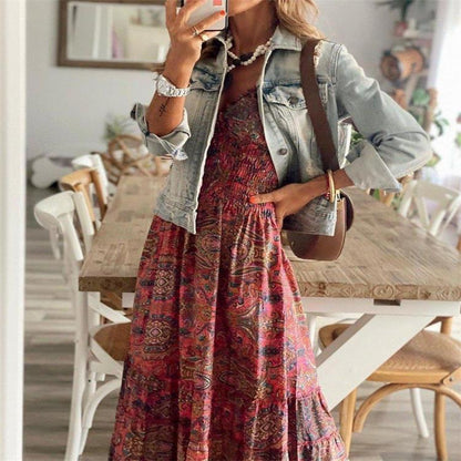 V Neck Smocked Puff Sleeve Paisley Tiered Maxi Dress