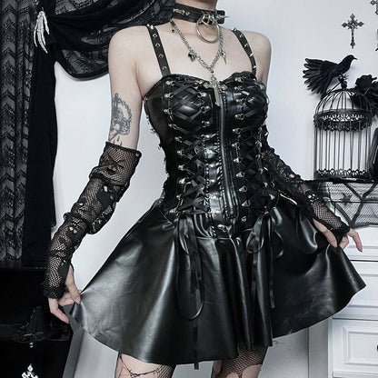 Faux Leather Sweetheart Zip Front Lace Up Side Pleated Mini Dress