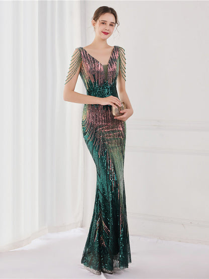 Sequin suspender evening dress