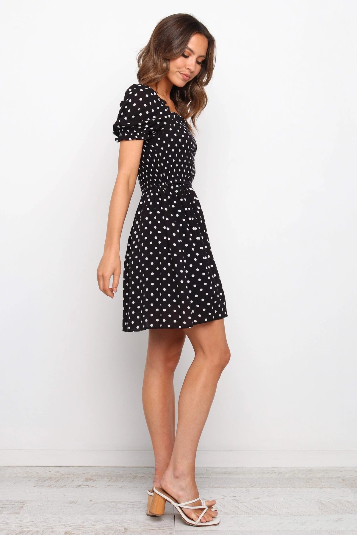 Square Neck Smocked Puff Sleeve Polka Dot Mini Dress