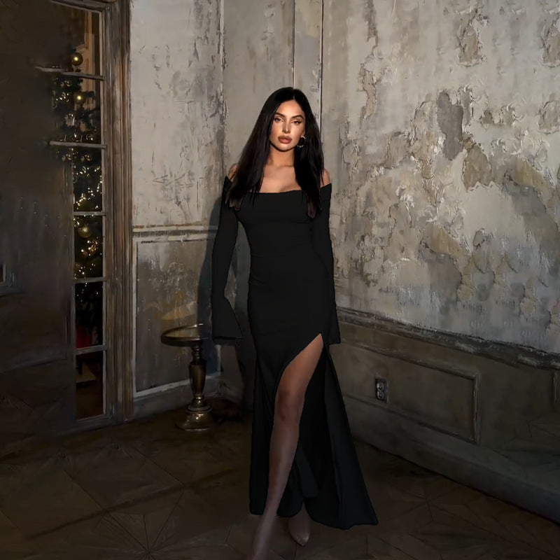 Off Shoulder Long Sleeve High Slit Bodycon Maxi Gown