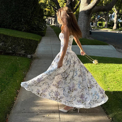 Square Neck Corset Ribbon Floral Gathered A-Line Midi Dress