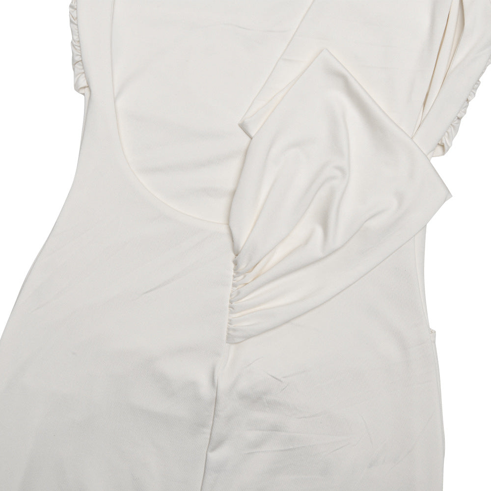Boat Neck Ruched Bodice Twisted Drape Column Maxi Gown