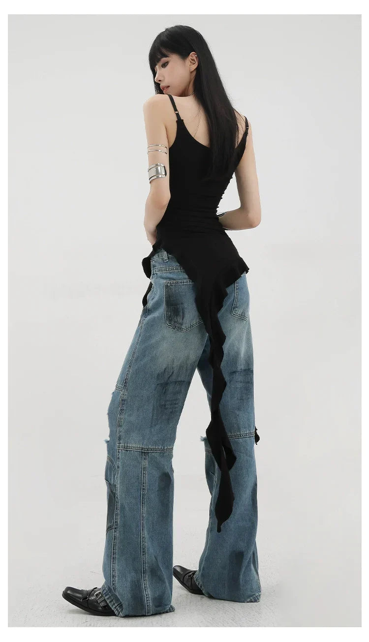 Black Asymmetric Ribbon Strap Tank Top With Ruffle Edge Design