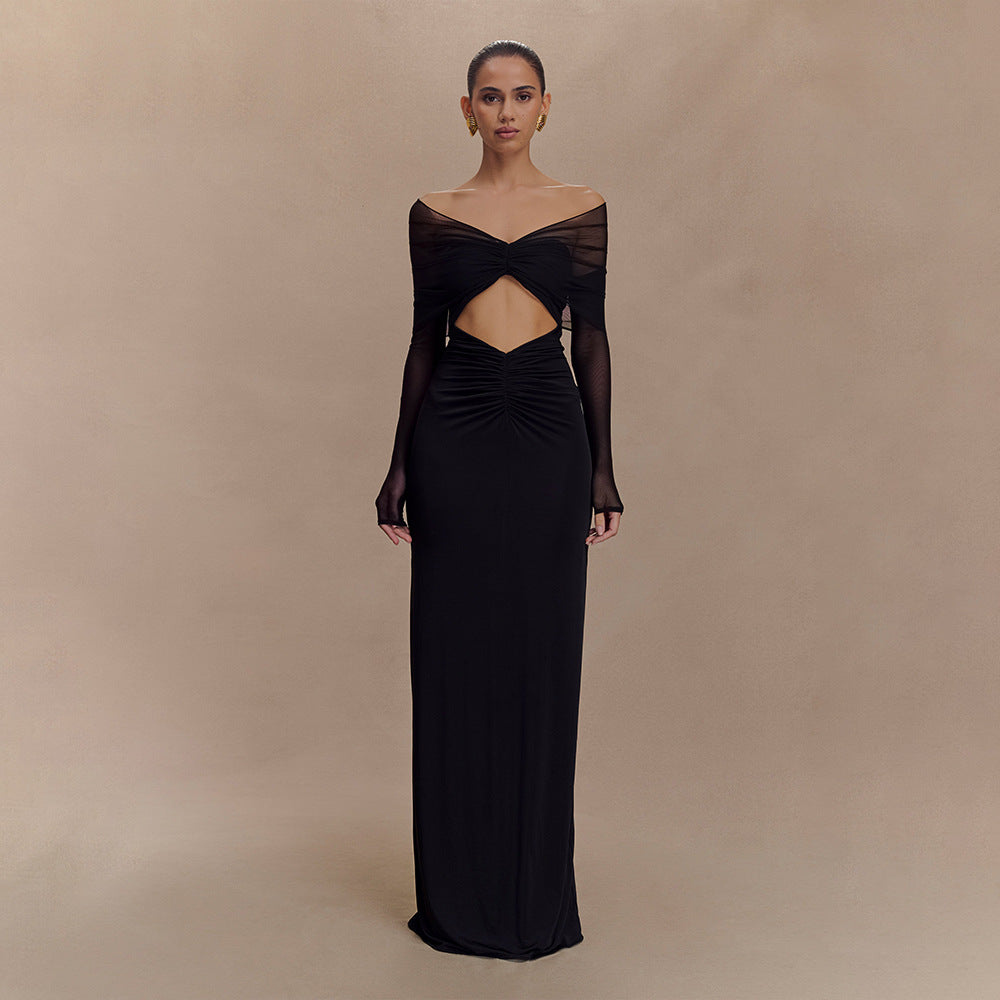 Off Shoulder Mesh Sleeve Diamond Cutout Ruched Column Maxi Gown