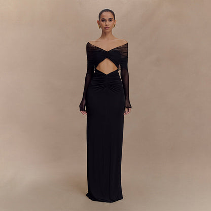 Off Shoulder Mesh Sleeve Diamond Cutout Ruched Column Maxi Gown