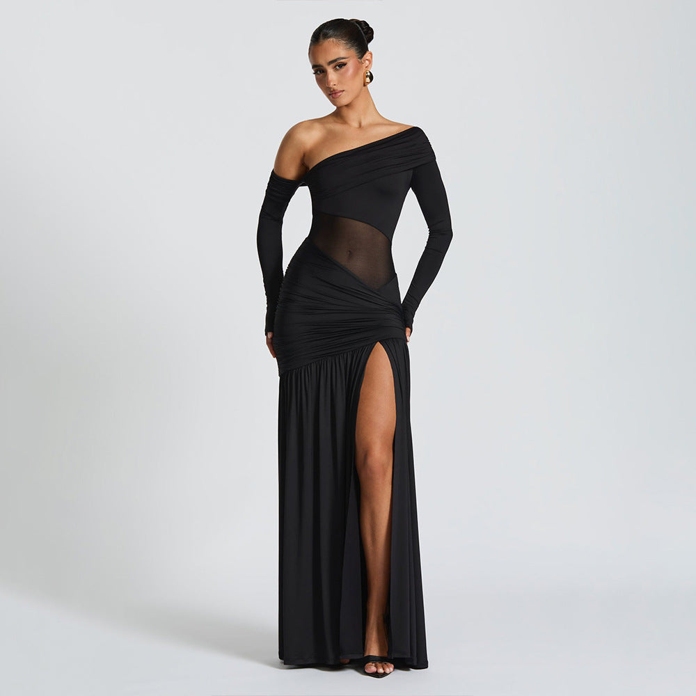 One Shoulder Asymmetric Ruching Mesh Midriff High Slit Maxi Gown
